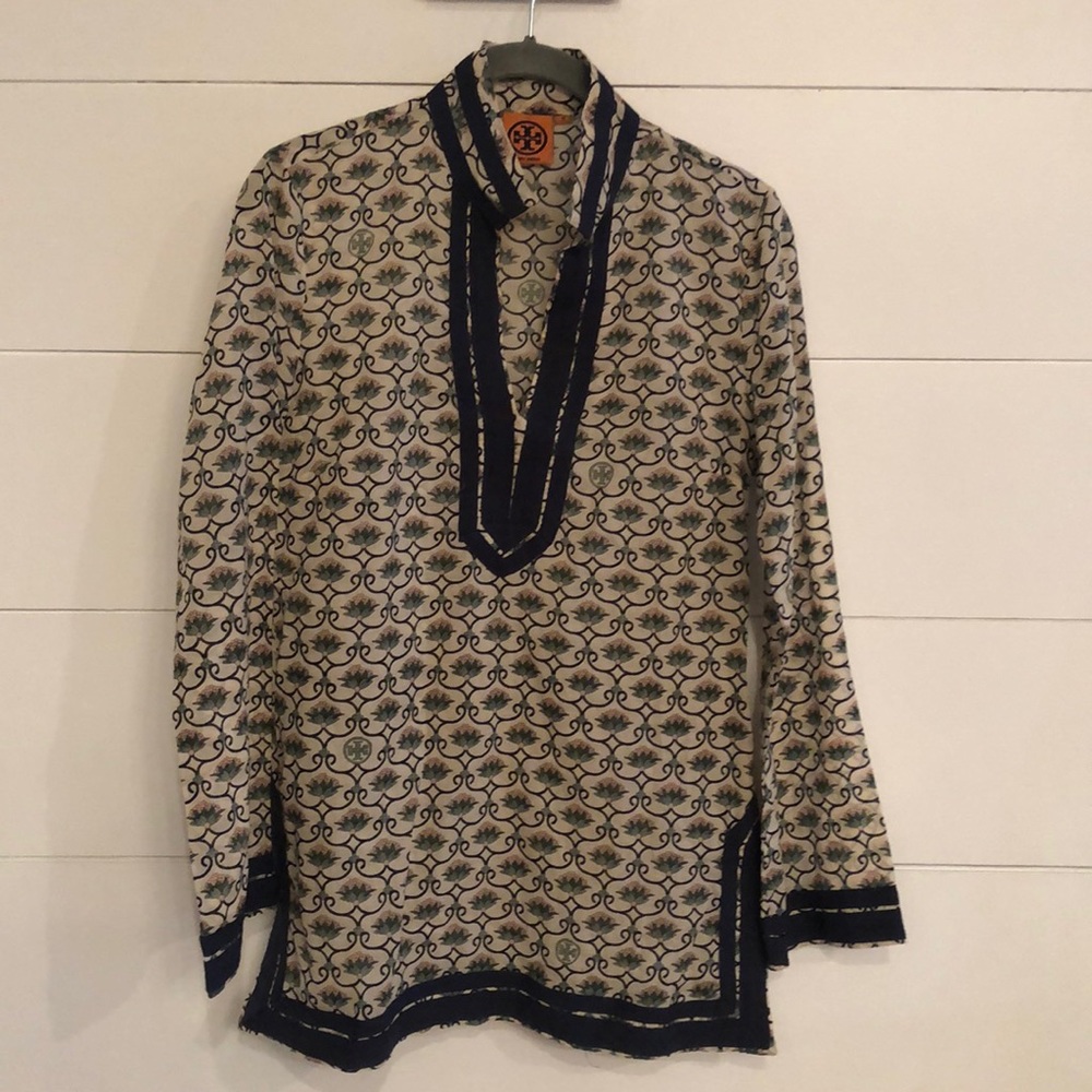 Tory Burch Cream and Navy Printed Tunic